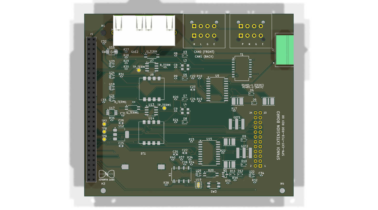 3D PCB rendering of the Spandi Extension Board, under development